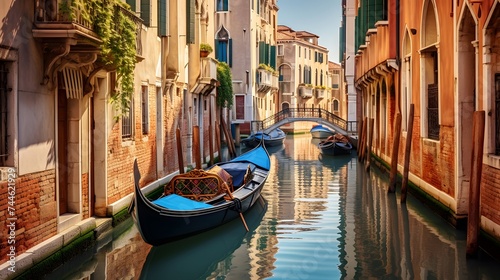 Panoramic view of a canal with gondolas in Venice, Italy photo