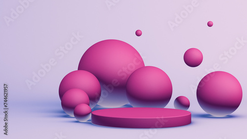 Round Shapes around podium, abstract background with 3d geometric shapes. 