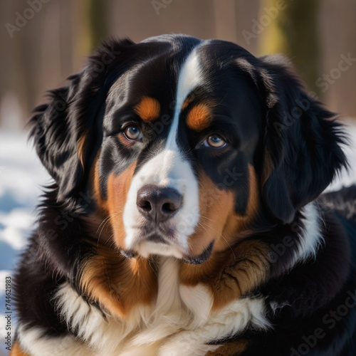 Young lady poses with her Mountain dog in the garden and hugs him affectionately