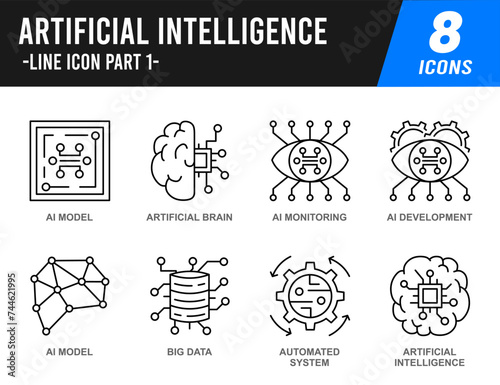 Artificial Intelligence Modern Line Icon Set, for Machine Learning, and Robotics