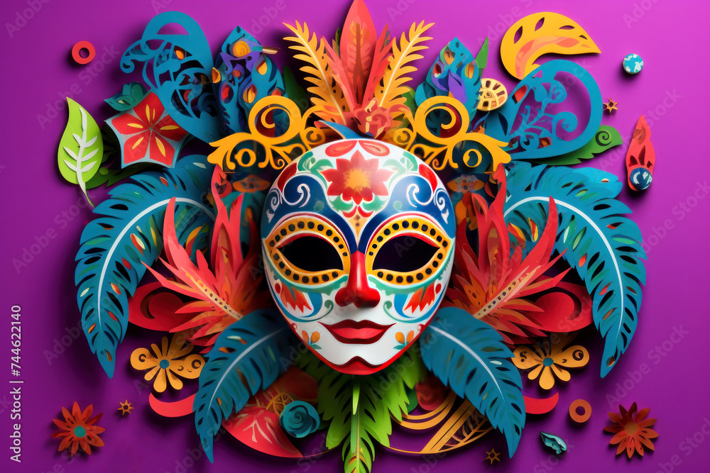 Image of a vibrantly colored, three-dimensional paper art mask
