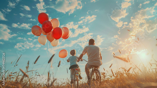  Happy fathers day card. Paper cut style. Vector illustration, A happy family rides a bike under sky and clouds 
