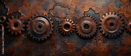 A technical texture of steampunk gears on a dark brown background can be seen above