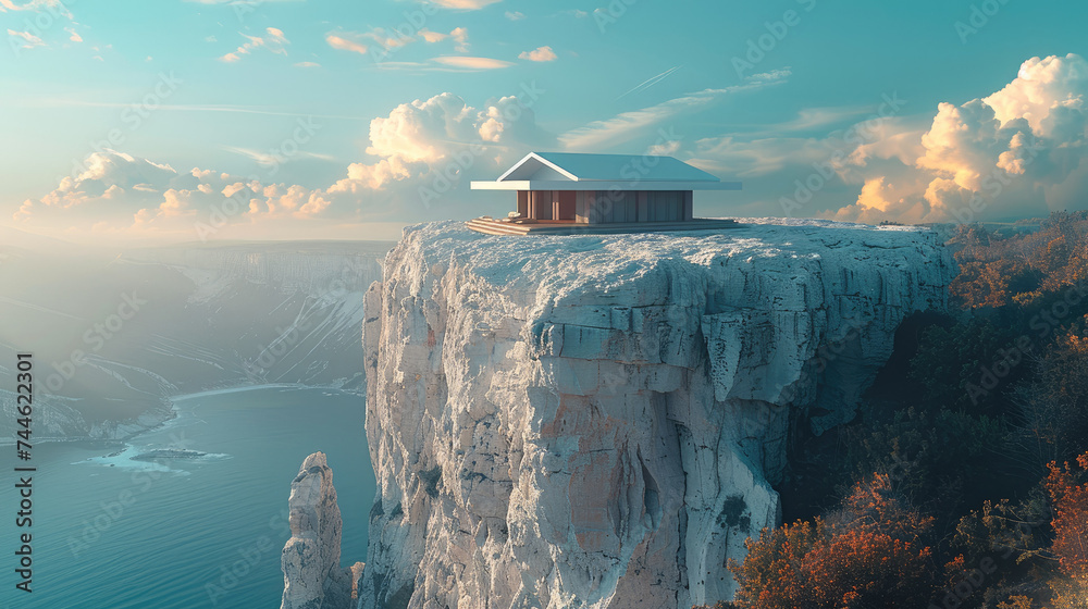 A yoga studio perched on the edge of a rugged cliff. Generative AI. - obrazy, fototapety, plakaty 
