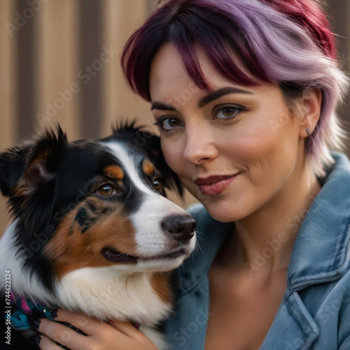 Young lady poses with her Mountain dog in the garden and hugs him affectionately