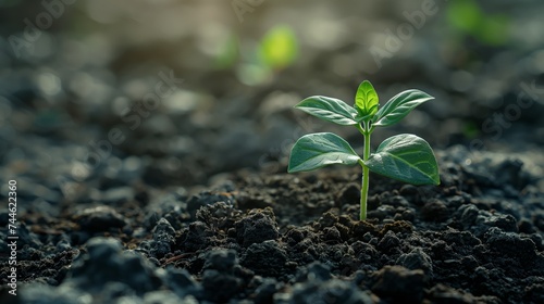 Sunlit Growth: Close-Up of Young Green Tree Sprout Emerging from Black Soil, spring concept, enviroment concept