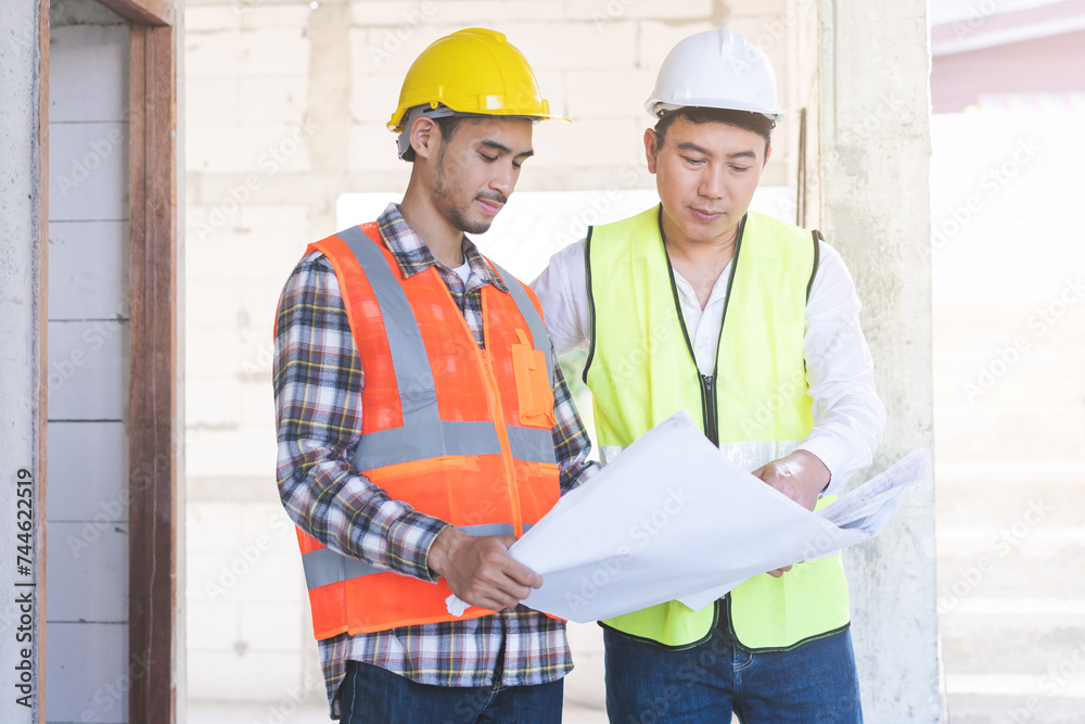 Builder team, foreman asian young engineer, architect man, male are discussing construction drawing on blueprint follow project to build an industrial plan at outdoor site. Engineering worker people.