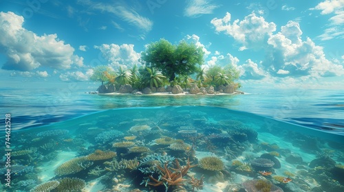 Ocean View With Split View Of Tropical Island And Coral Reef