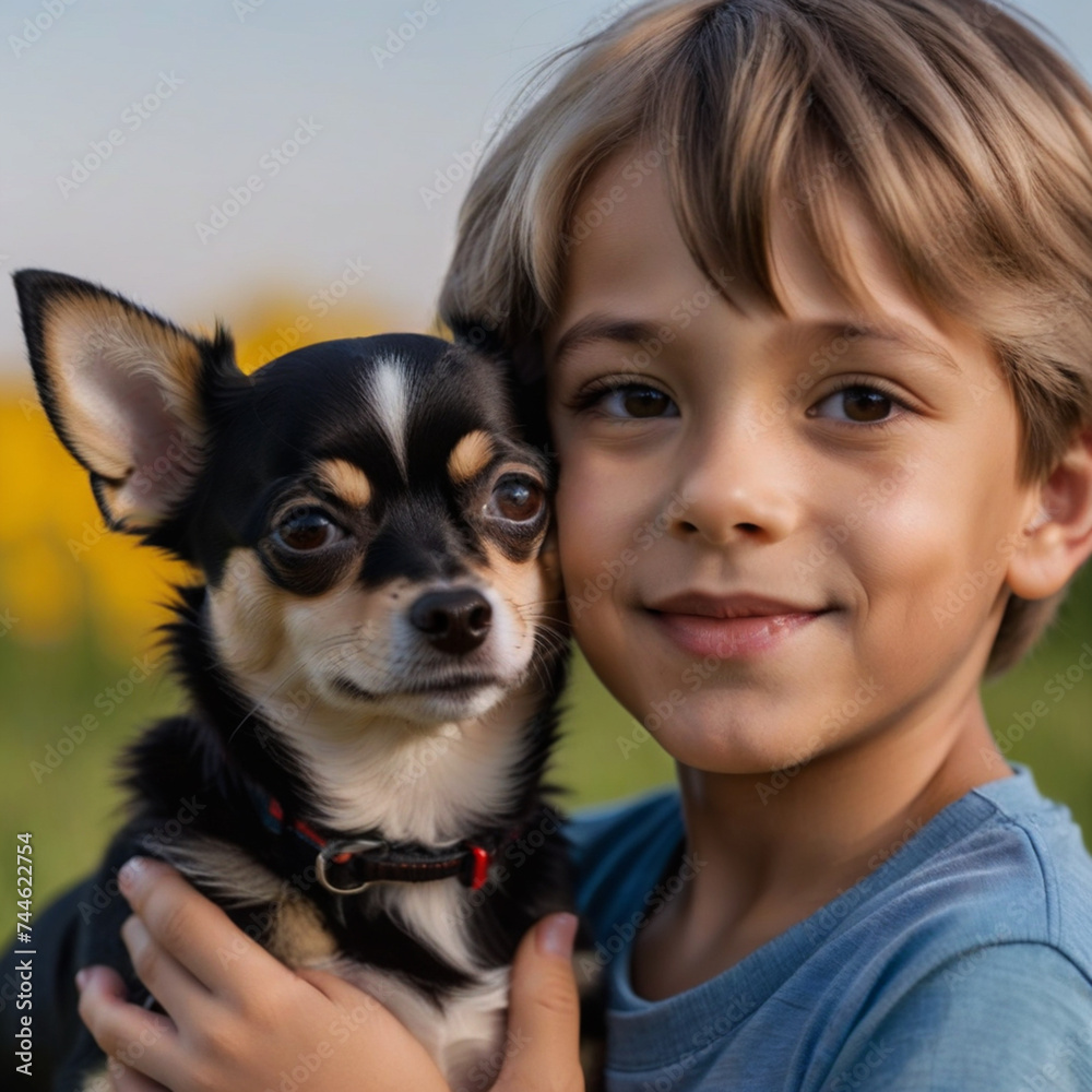 Boy poses with his chihuahua in the garden and hugs him affectionately