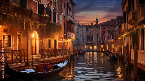 Gondola in Venice, Italy. Panoramic view of the city at sunset. © I