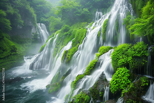 Majestic waterfall panorama with cascading tiers of water, misty spray.