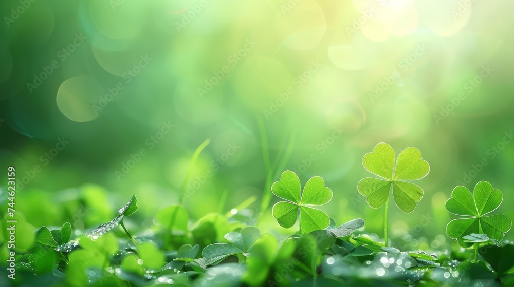 St Patrick's Day in a vibrant spring landscape with lush greenery, clover leaves, and the beauty of nature, symbolizing luck and growth on a sunny day. For the Day of the Festival of Patrick.