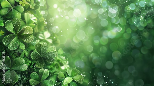 St Patrick's Day in a vibrant spring landscape with lush greenery, clover leaves, and the beauty of nature, symbolizing luck and growth on a sunny day. For the Day of the Festival of Patrick. photo