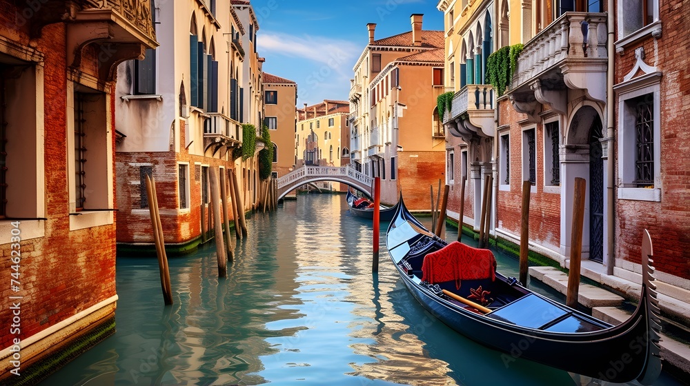 Venice, Italy. Panoramic view of canal and gondolas