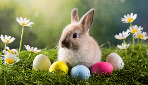 little bunny sitting in green grass with easter eggs and flowers
