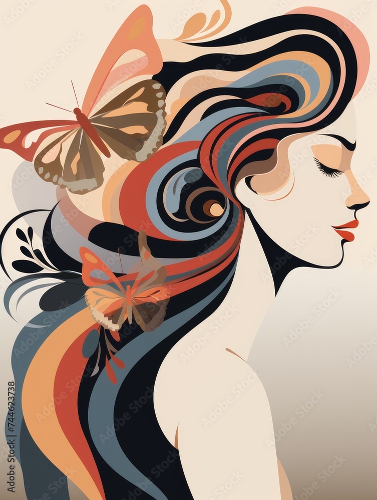 Woman With Butterfly on Head. Printable Wall Art.