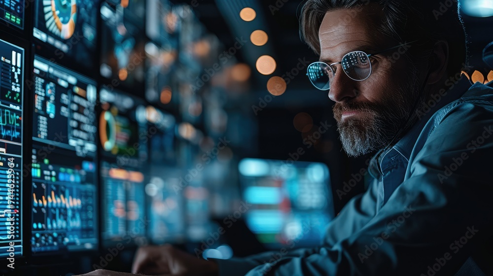 A cybersecurity analyst working in a high-tech security operations center. monitoring a vast data stream in real-time. Generative AI. A cybersecurity analyst working in a high-tech security operations center. monitoring a vast data stream in real-time. Generative AI.