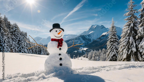 snowman in winter forest with mountain view © Di Studio