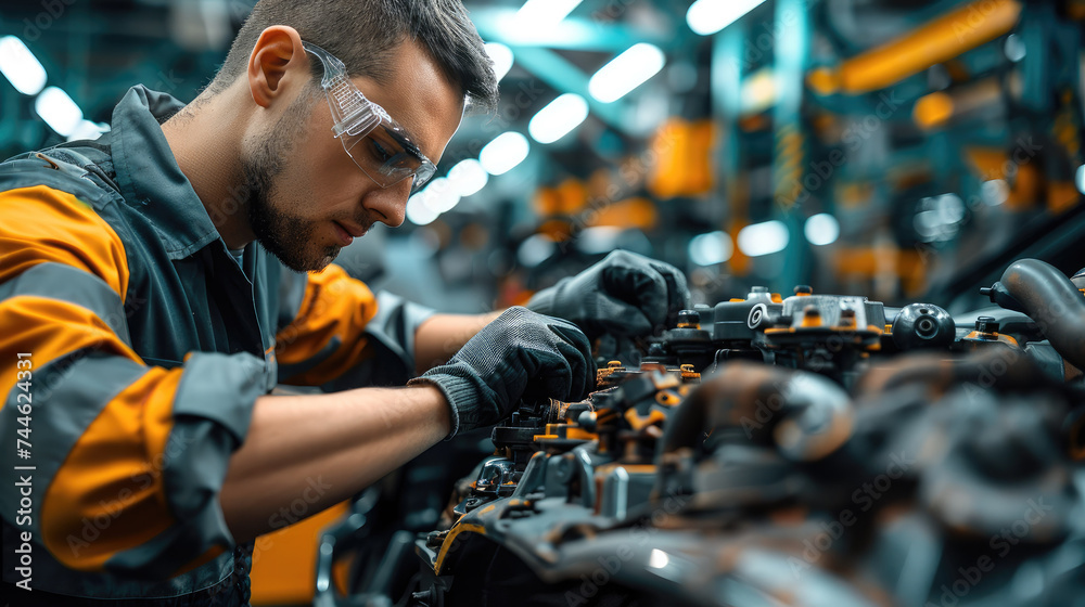 Naklejka premium An automotive factory worker reworking a technical failure at a car. Generative AI.