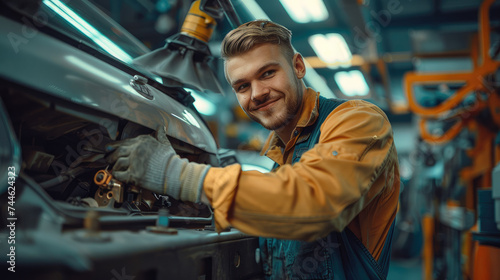 A smiling car mechanic works with a car on the lift. Generative AI.