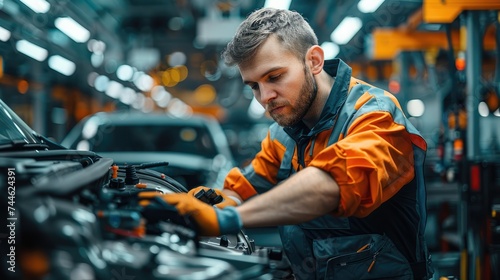 An automotive factory worker reworking a technical failure at a car. Generative AI. © visoot