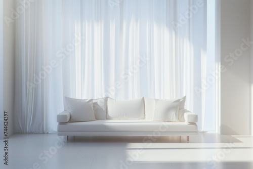 Elegant white sofa against flowing curtains in a bright minimalist interior. Minimalist white sofa and curtains