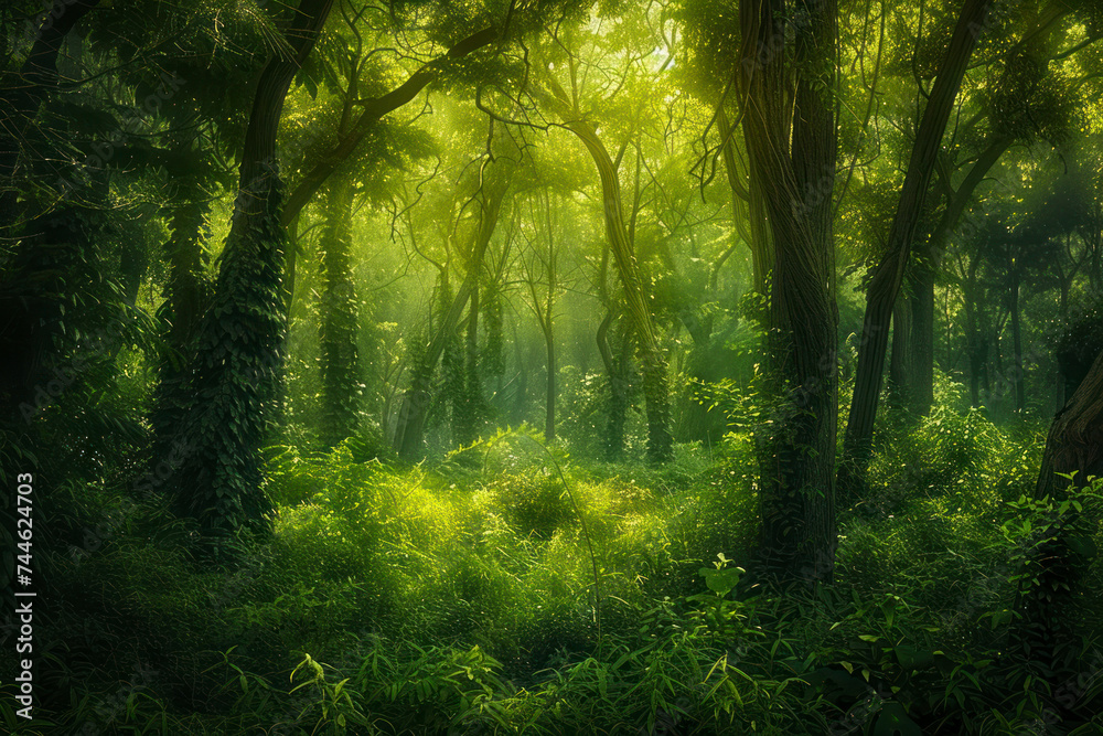 Lush forest panorama with towering trees, dappled sunlight.