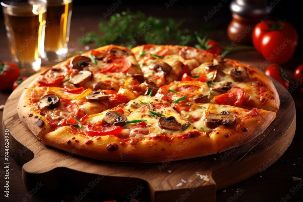 Close-up of an appetizing pizza with mushrooms on a wooden stand. Delicious baked pie on the table. Generated by AI.