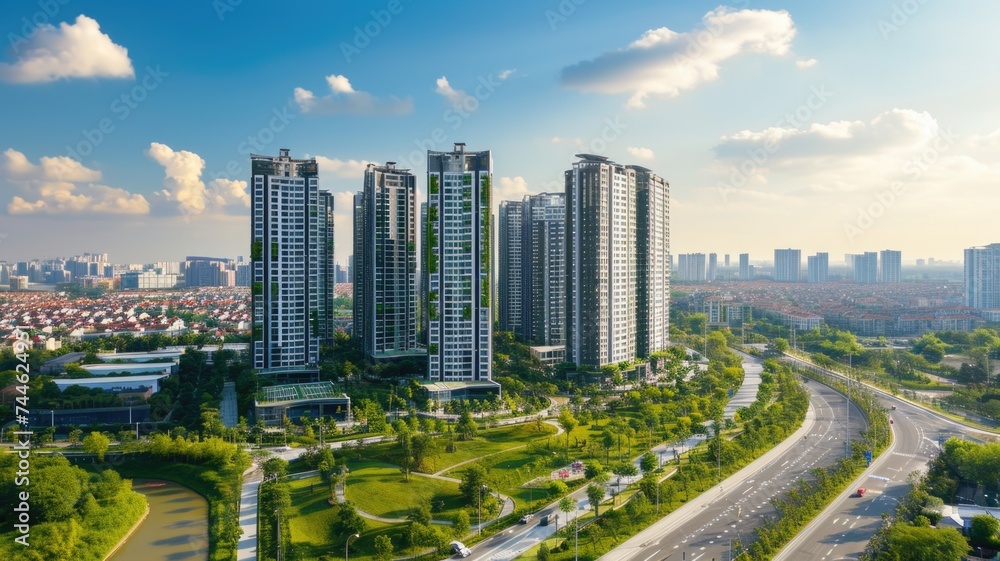 High-rise residential buildings overlooking serpentine parkway and urban sprawl - obrazy, fototapety, plakaty 