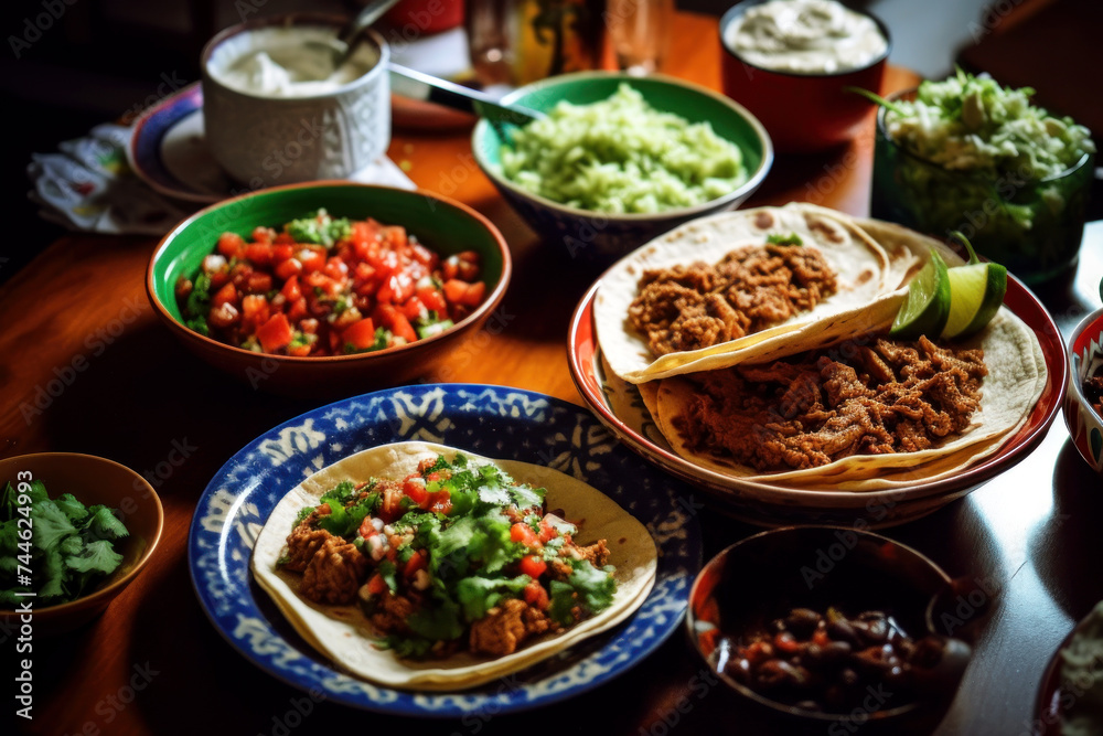Traditional Mexican dish. Delicious tacos with guacamole and chili.