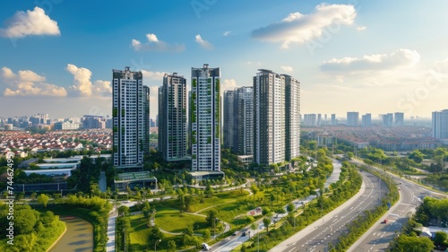 High-rise residential buildings overlooking serpentine parkway and urban sprawl