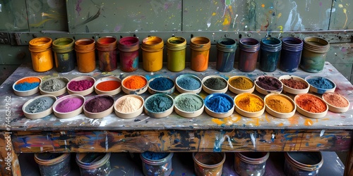 Vibrant array of dye powders neatly arranged on artisans workbench. Concept Artisan, Dye Powders, Workbench, Colorful, Neat Display