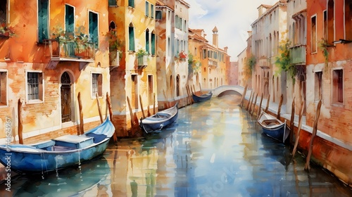 Digital painting of a canal with boats in Venice, ITALY