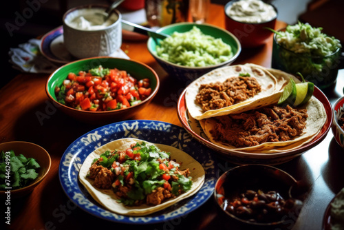Traditional Mexican dish. Delicious tacos with guacamole and chili. © DP