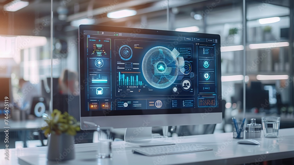A computer screen shows a customer center software with floating animations around the computer, daytime. Generative AI. A computer screen shows a customer center software with floating animations around the computer, daytime. Generative AI.