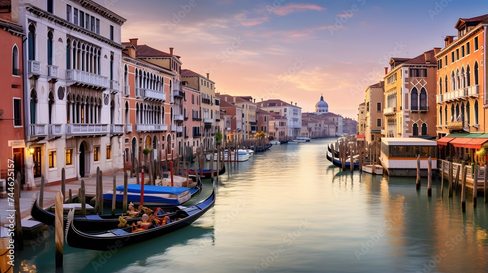 Grand Canal in Venice at sunset, Italy. Panoramic view
