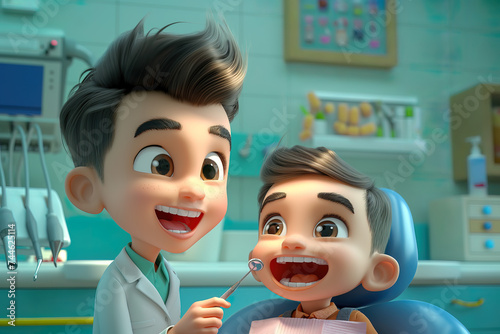 A dentist doctor and a patient in a dental clinic, 3d cartoon illustration photo