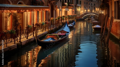 Gondolas on the canal at night in Venice, Italy.