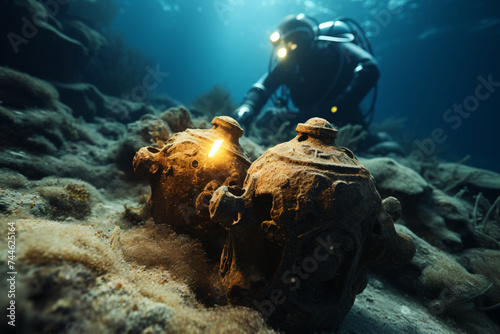scuba diver underwater exploring ancient amphoras
