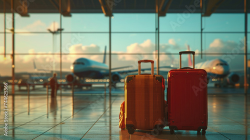 Two suitcases at forefront of airport terminal, luggage that stands ready for travel on airplane prepares for takeoff background, airport terminal, global tourism, travel blogs and advertisements