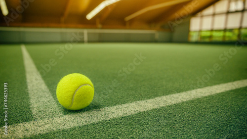 Gelber Tennisball liegt neben der Linie auf einem Tennisplatz in einer Tennishalle
