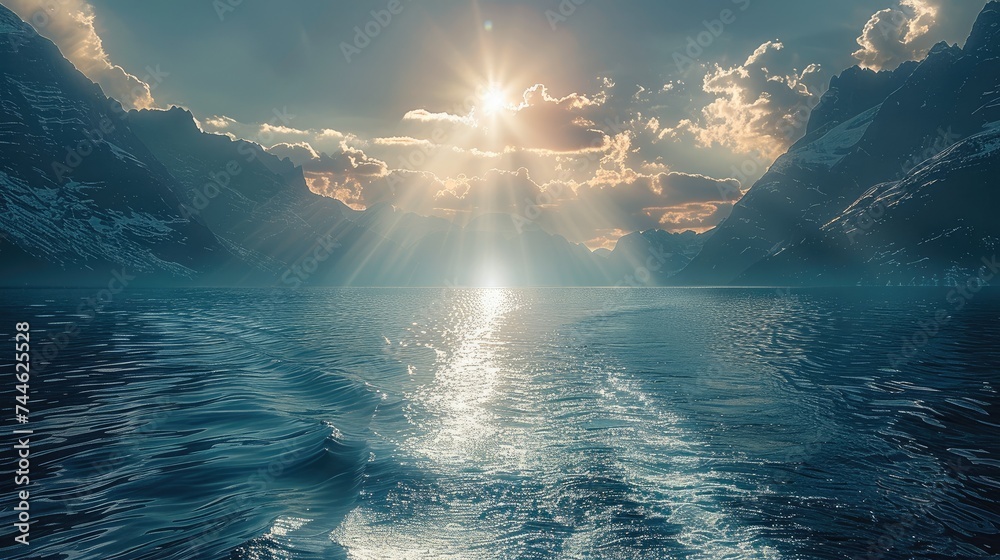 Sunlight shining over the water and mountains. Generative AI.