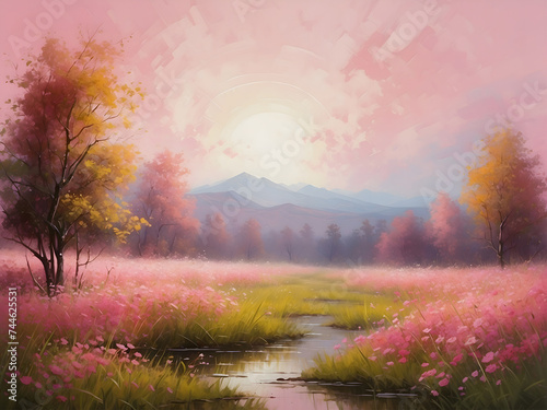 Oil painting of a vibrant meadow of wildflowers at sunset