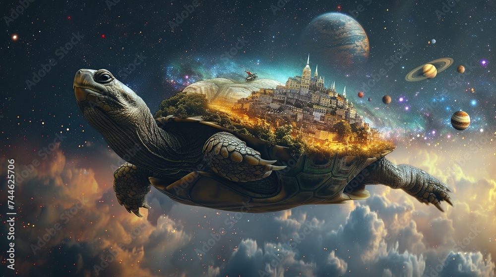 A surreal 3D artwork of a turtle traversing the starry cosmos with a utopian city on its shell, symbolizing fantasy escapism or cosmic harmony A surreal 3D artwork of a turtle traversing the starry cosmos with a utopian city on its shell, symbolizing fantasy escapism or cosmic harmony
