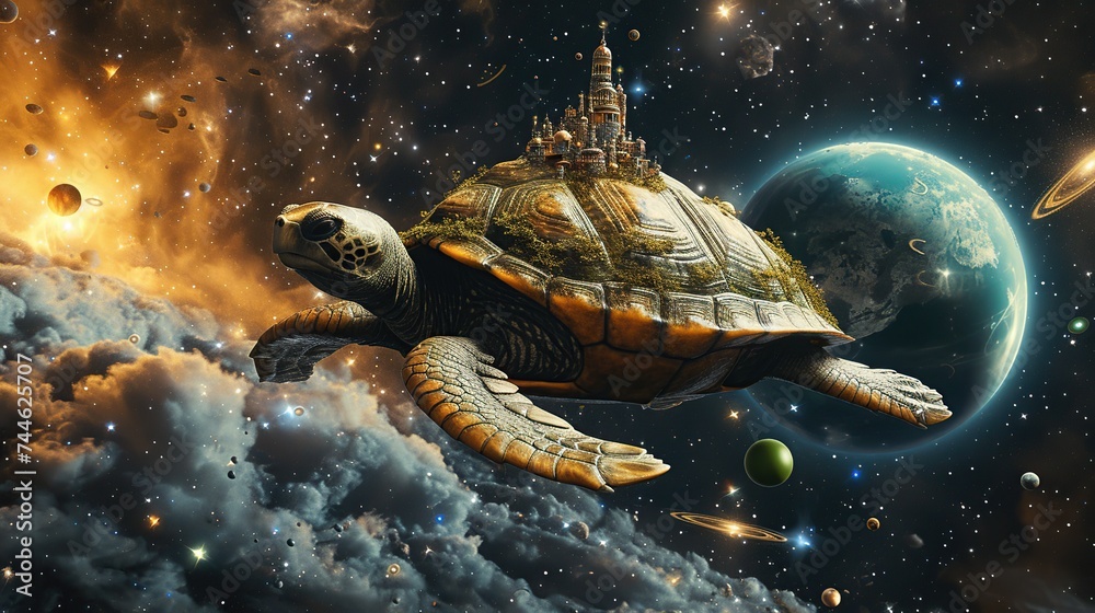 A 3D turtle carries a city through the galaxy, a vision of an interstellar oasis, merging science fiction with ecological fantasy, suited for game design or conceptual art A 3D turtle carries a city through the galaxy, a vision of an interstellar oasis, merging science fiction with ecological fantasy, suited for game design or conceptual art