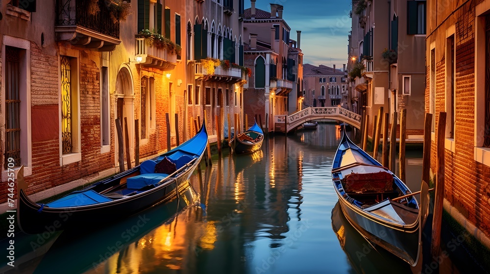 Beautiful view of Venice canal with gondolas at sunset, Italy
