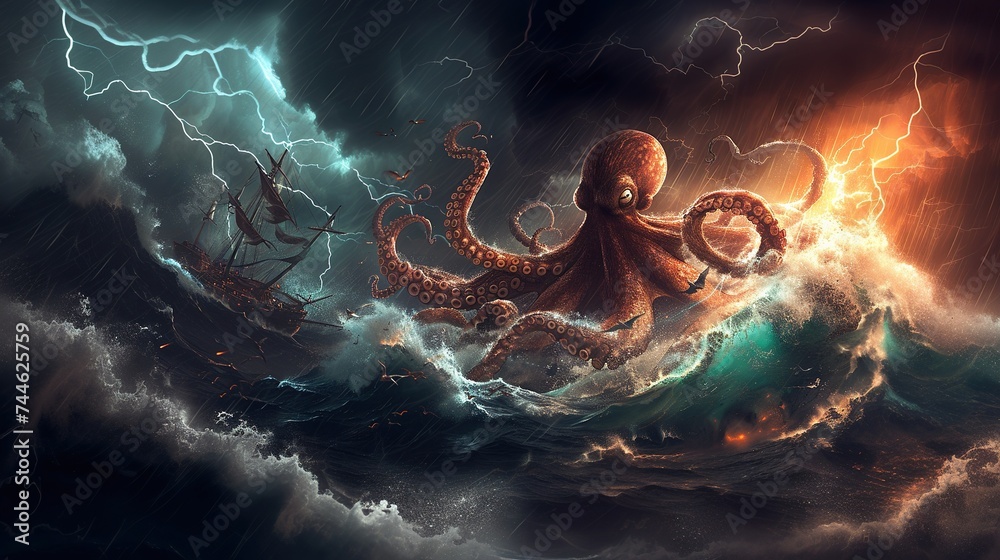 A thrilling digital illustration captures an octopus attacking a ship, invoking themes of nautical adventure and mythological battles, ideal for gaming or fantasy genres - obrazy, fototapety, plakaty 