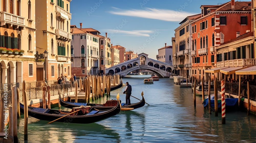 Panoramic view of Grand Canal with gondolas in Venice, Italy