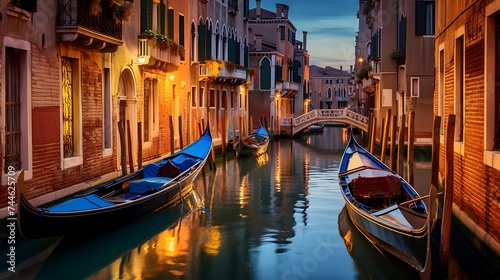 Beautiful view of Venice canal with gondolas at sunset, Italy © I