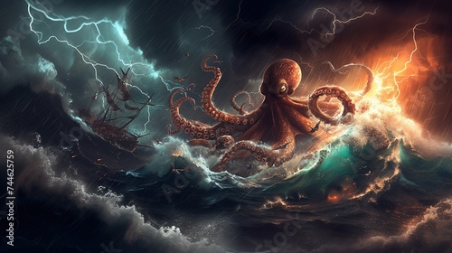 A thrilling digital illustration captures an octopus attacking a ship, invoking themes of nautical adventure and mythological battles, ideal for gaming or fantasy genres